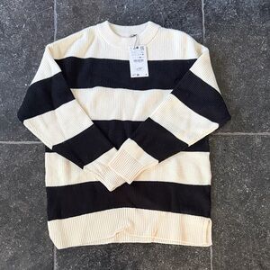 Zara Girl’s Black and Cream Striped Crewneck Sweater